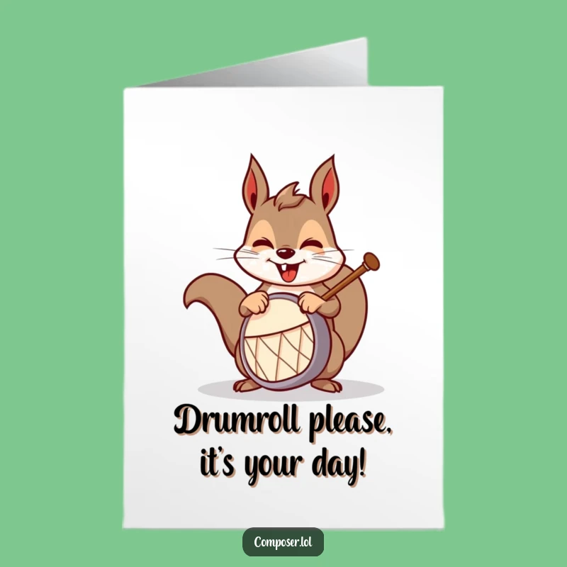 Free Printable Birthday Card: Funny Squirrel Drummer, Hilarious Downloadable Greeting for a Rocking Celebration