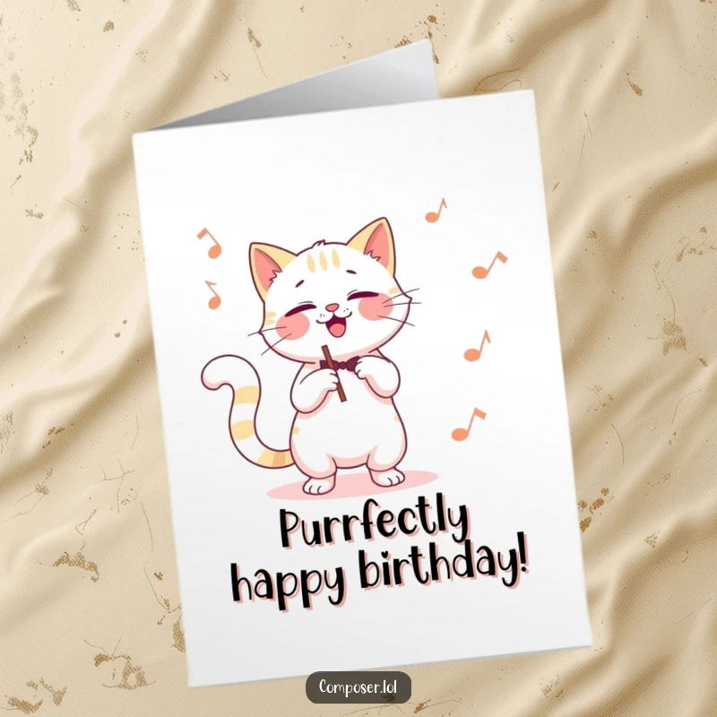 Funny Free Printable cat composer giggling, tail swirling like a baton, conducting a mysterious orchestra for a birthday.
