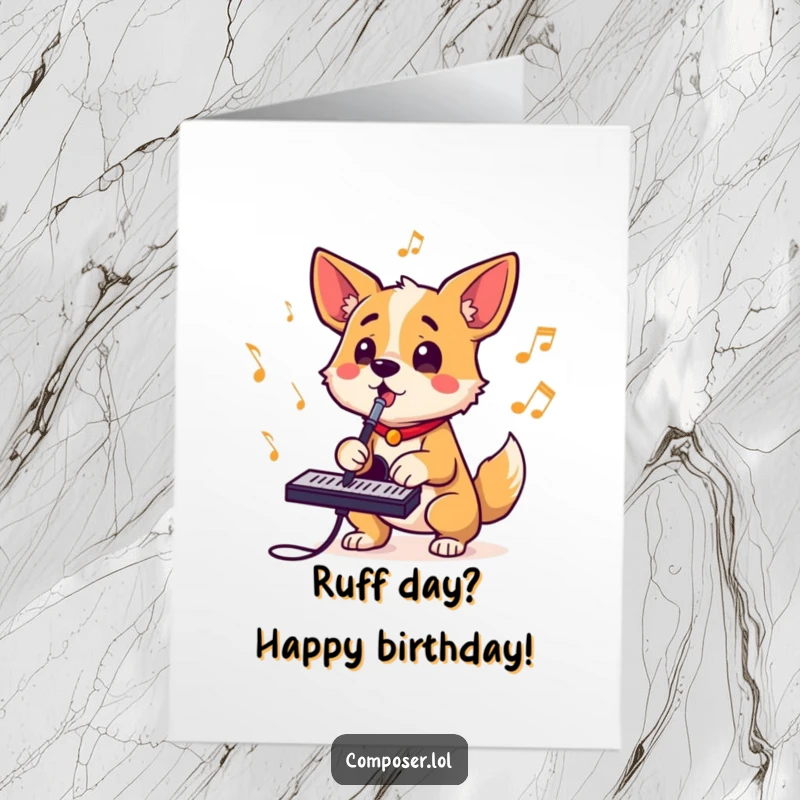 Funny free printable birthday card of a determined, bright-eyed dog composer barking out rhythms with a vigorously wagging tail.