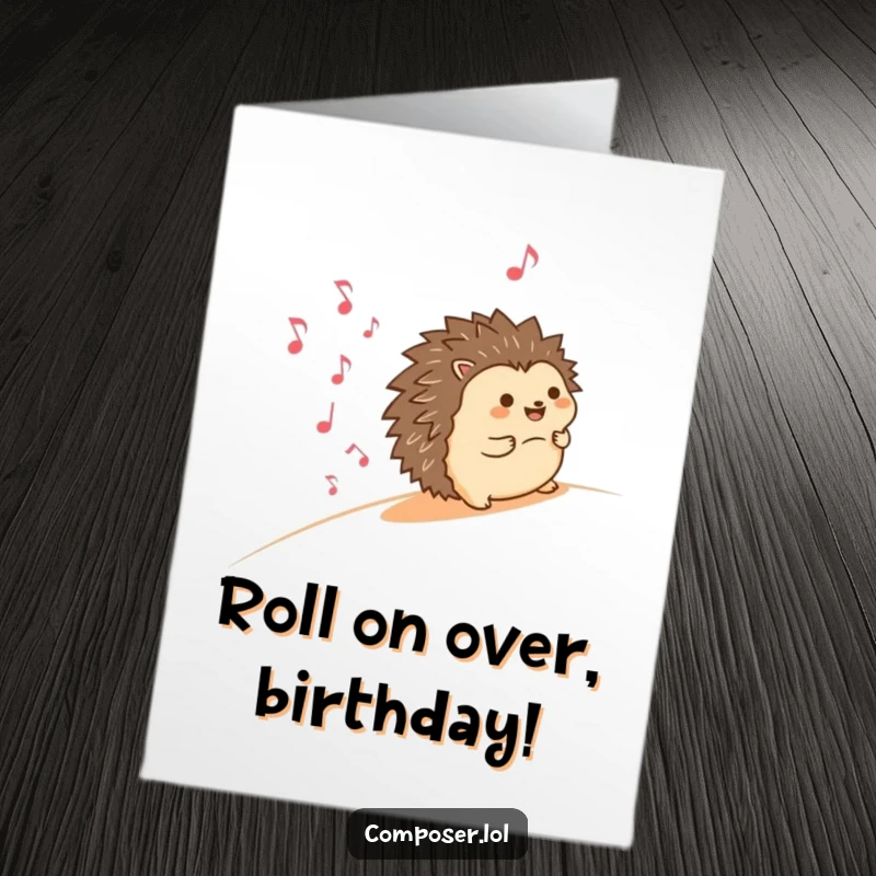 Funny Free Printable Birthday Card: Happy hedgehog rolling downhill with smiling musical notes, a joyous and whimsical design.