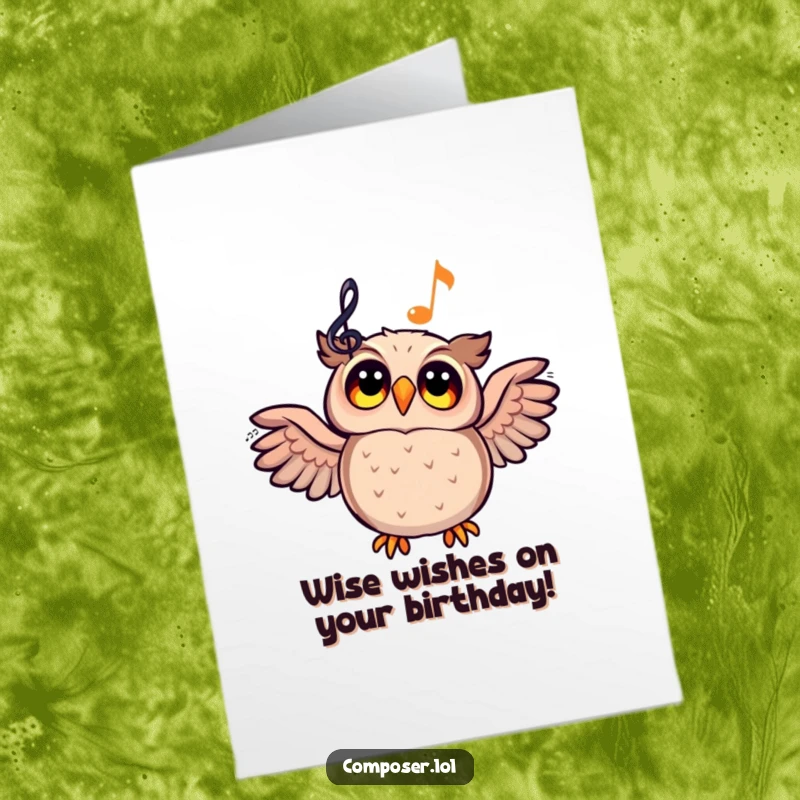 Funny Free Printable Birthday Card: A delighted cartoon owl gazes up at a glowing musical staff, full of inspiration.