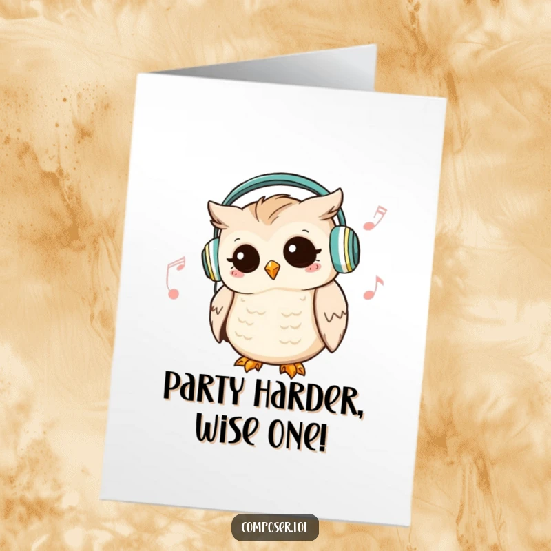 Funny Free Printable Birthday Card: A cute owl wearing headphones nods rhythmically, enjoying a silent, groovy tune.
