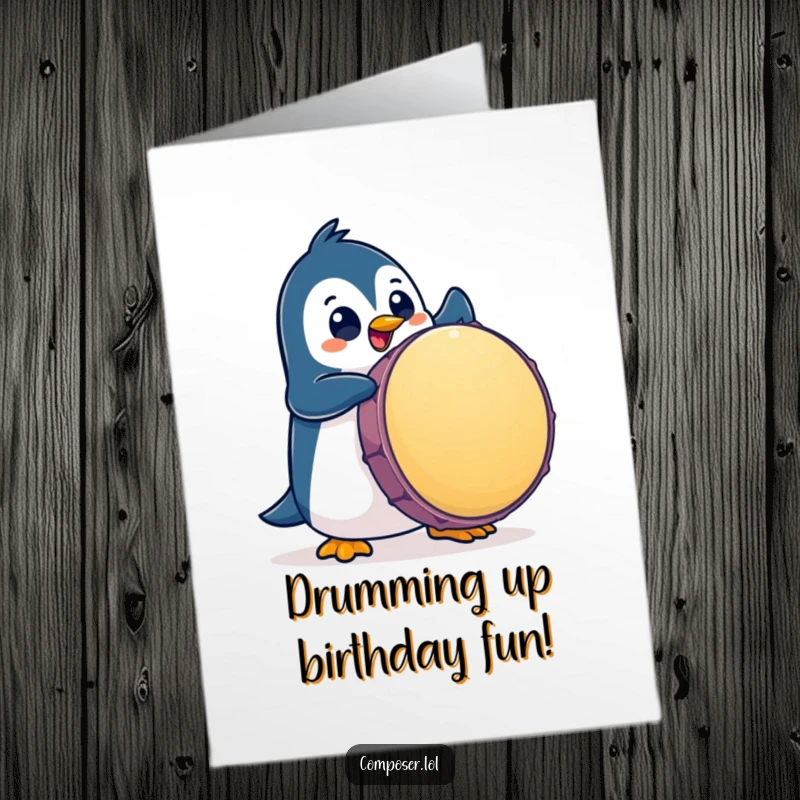 Funny Free Printable Birthday Card: Playful penguin with big eyes enthusiastically pounds a giant drum, celebrating a birthday.
