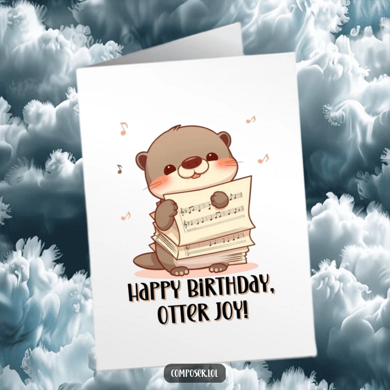 Funny Free Printable Birthday Card: A shy otter peeks from behind sheet music, humming happily, a sweet birthday greeting.