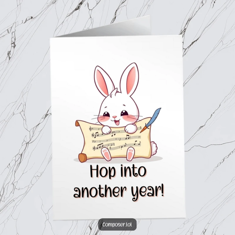 Funny Free Printable Birthday Card: Giggling rabbit artistically scribbling musical notes onto a scroll with a quill.