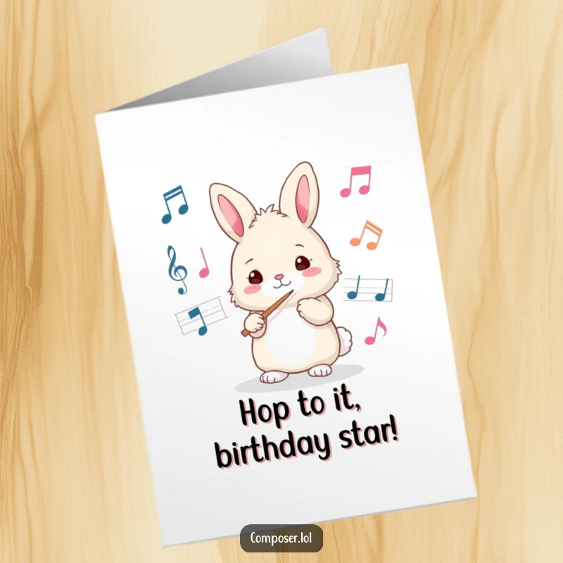 Funny Free Printable birthday card featuring a fluffy bunny conductor with a baton, leading musical notes with glee.