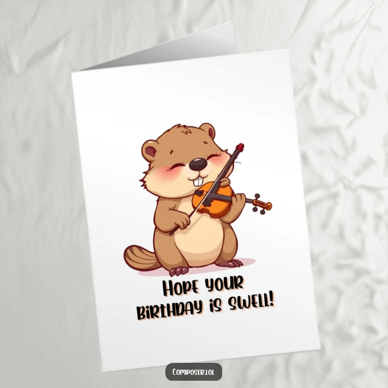 Funny Free Printable Birthday Card: A busy beaver meticulously tunes a violin with an expression of intense concentration.