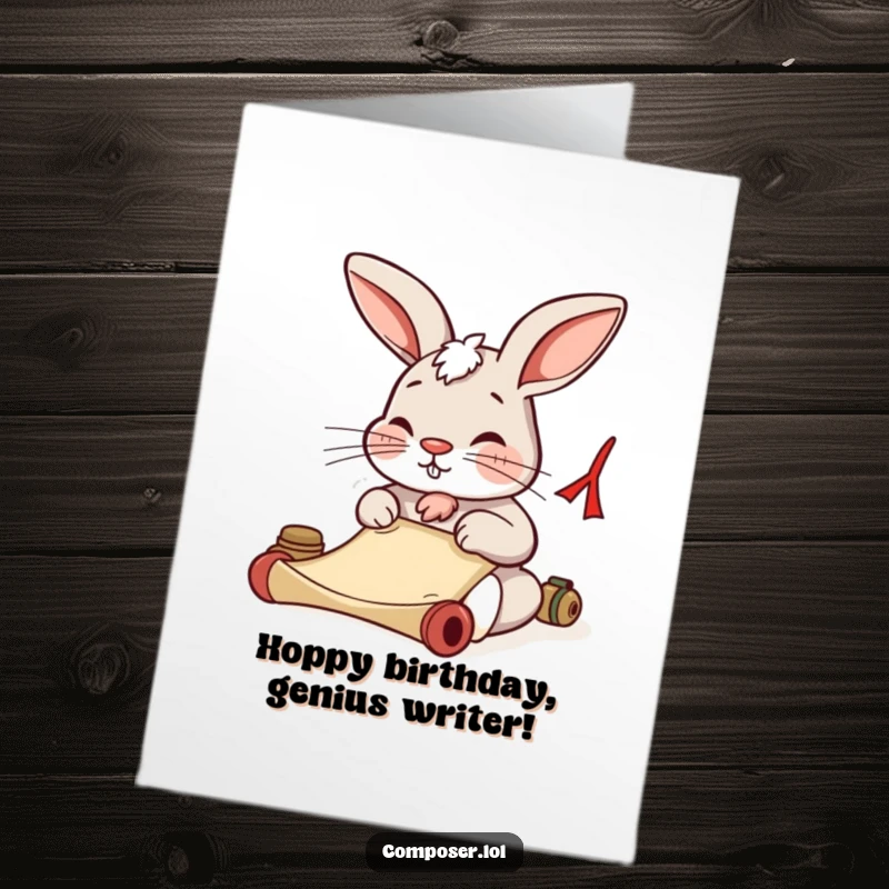 Funny Free Printable Birthday Card: A focused rabbit wiggling its nose while writing a birthday message on a scroll.