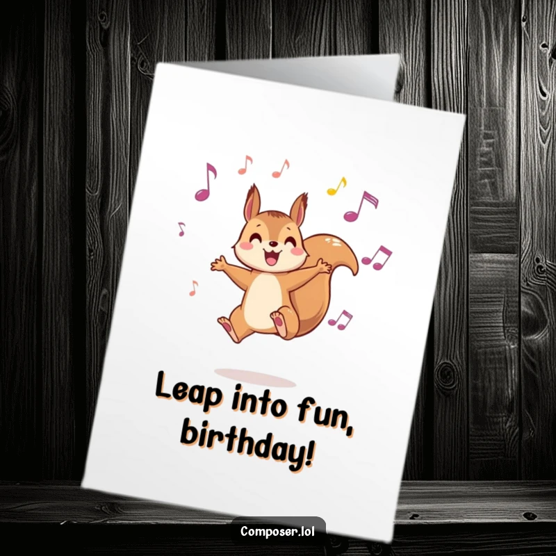 Funny Free Printable Birthday Card: Playful squirrel gleefully leaping between floating musical notes in the air.