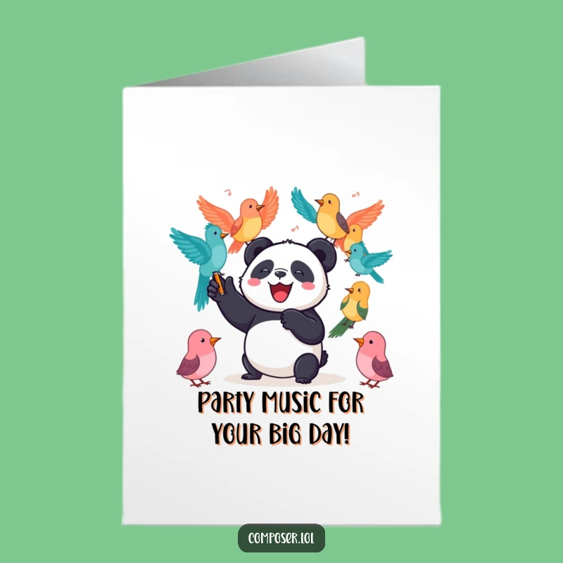 Joyful Free Printable Birthday Card: Panda Conducting Bird Orchestra for Celebration!
