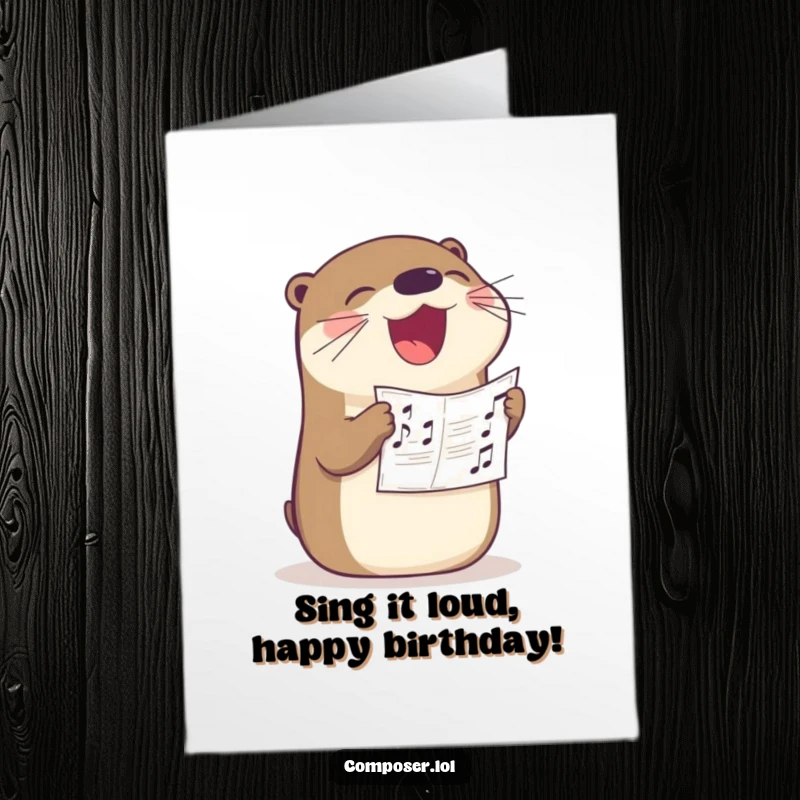 Funny Free Printable Birthday Card: A very happy otter with sheet music in its beak, singing its heart out loudly.