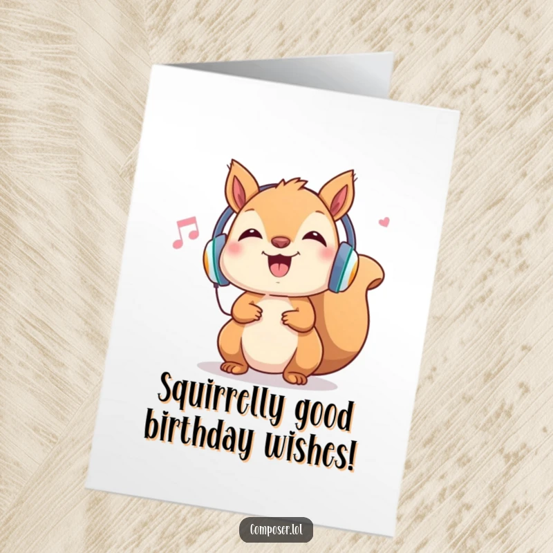 Funny Free Printable Birthday Card: Silly squirrel DJ wearing headphones, bopping to music, ready to party and spread cheer.