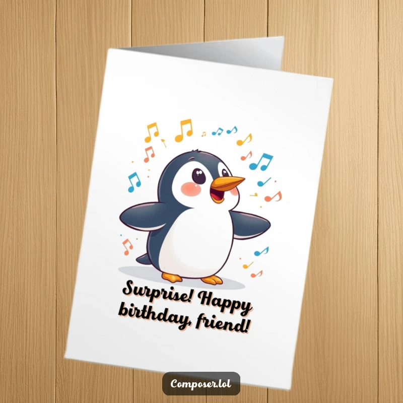 Funny Free Printable Birthday Card: A playful penguin looking utterly surprised as a chaotic symphony of sounds erupts around it.