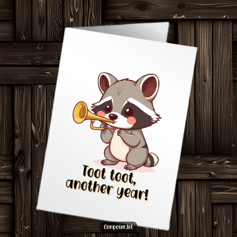 Funny Free Printable Birthday Card: A raccoon with puffed cheeks playfully blows into a tiny trumpet for a joyful celebration.