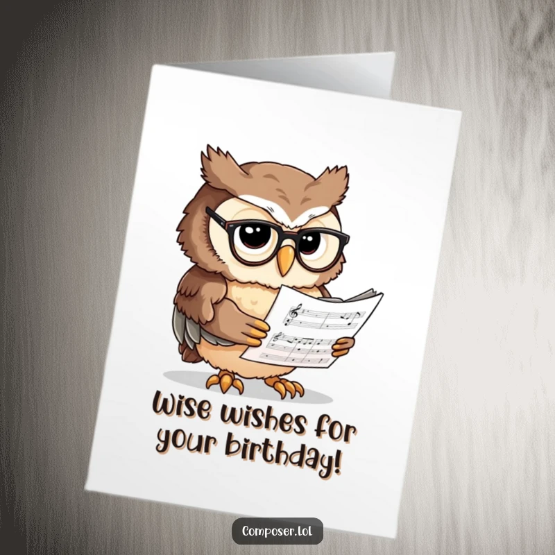 Funny Free Printable Birthday Card: Focused owl wearing spectacles, engrossed in reading a detailed sheet of music.
