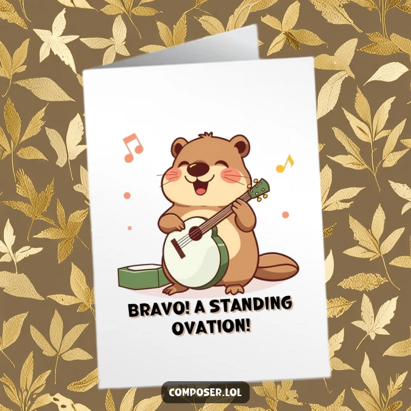 Funny Free Printable Congratulations Card: A beaming beaver meticulously arranging musical instruments with joyful precision, celebrating a success.