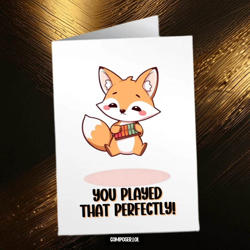 Funny Free Printable Congratulations Card: Bouncy fox character leaps while playing a tiny xylophone, celebrating success.