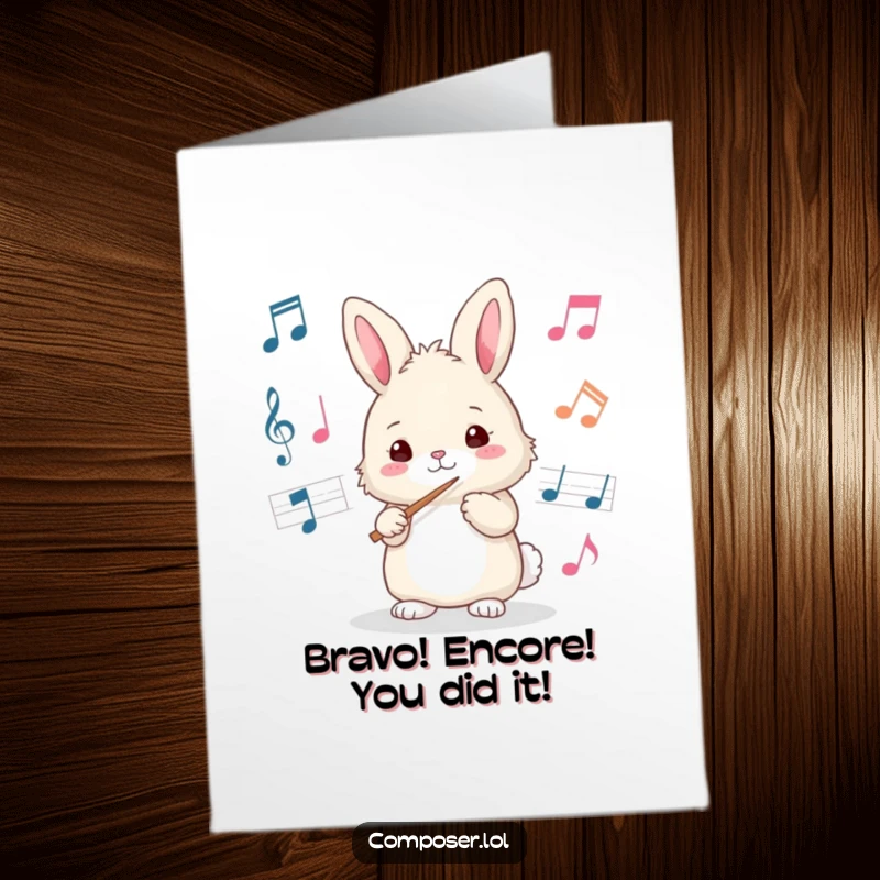 Funny Free Printable congratulations card showing a fluffy bunny conductor with a baton, celebrating an achievement with music.