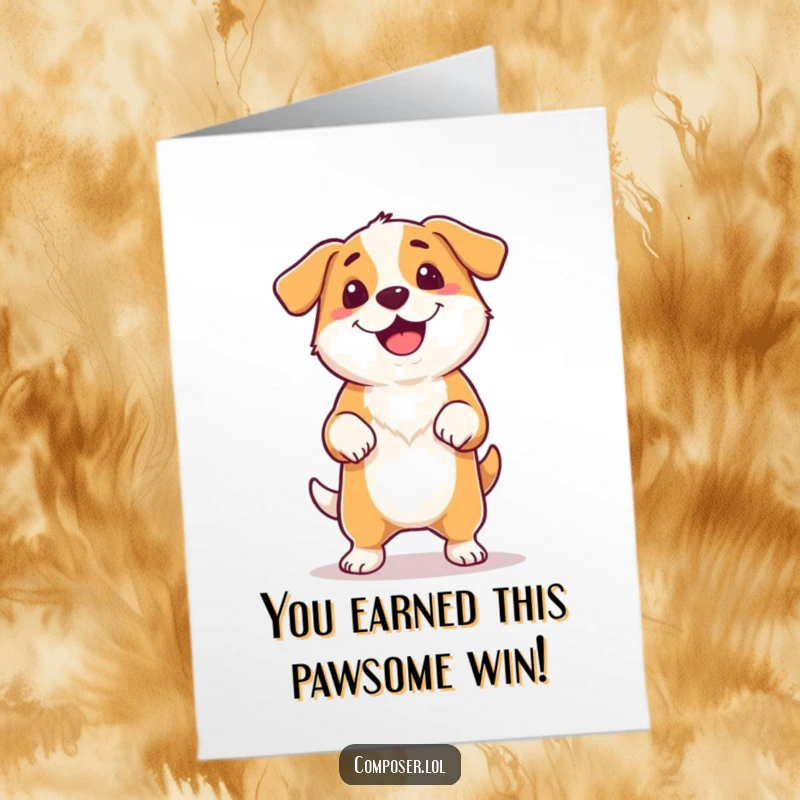 Funny Free Printable Congrats Card: A proud dog rhythmically tapping its foot with a happy wag, celebrating a fantastic achievement.