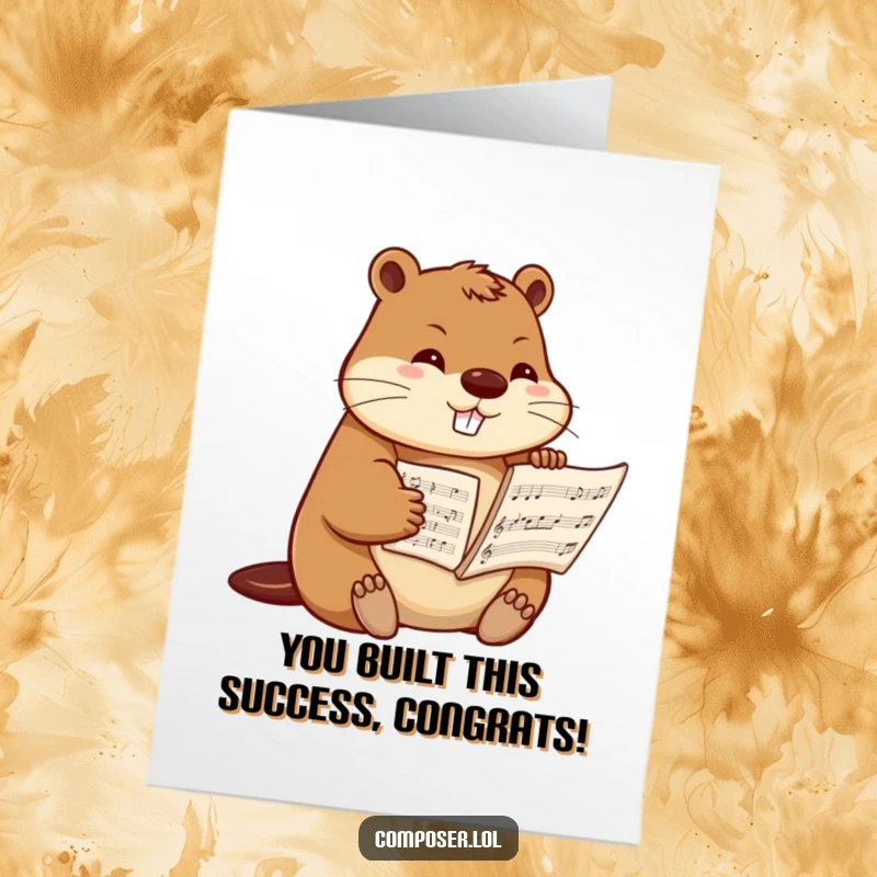 Funny Free Printable Congrats Card: A determined beaver diligently arranging sheet music, symbolizing focus and achievement in music.