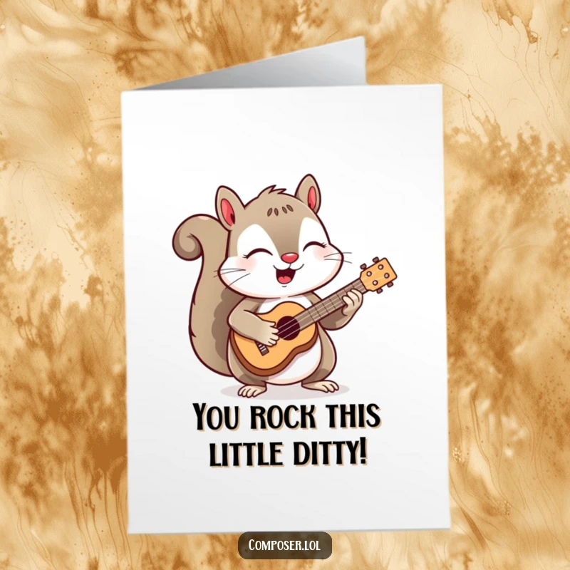 Funny Free Printable Congratulations Card: A happy squirrel enthusiastically playing a miniature ukulele with eyes shut.
