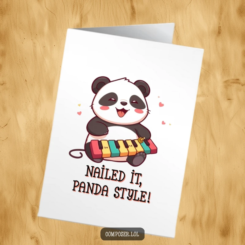 Funny Free Printable Congratulations Card: Chubby panda enthusiastically playing a xylophone, celebrating a fantastic achievement.