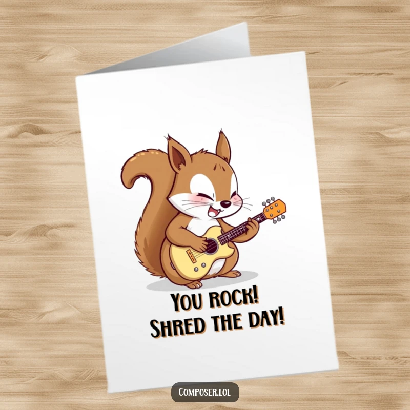 Funny Free Printable Congratulations Card: A determined cartoon squirrel intently tunes a miniature guitar with pure joy.