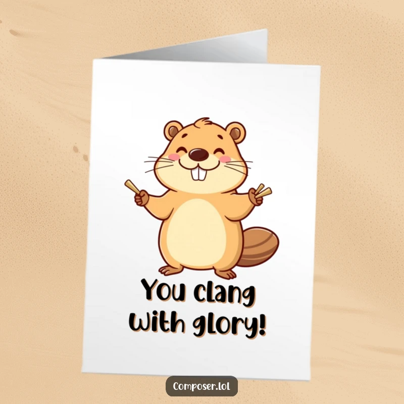 Funny Free Printable Congratulations Card: Smiling beaver joyfully bangs cymbals with a happy flourish to celebrate a big achievement.