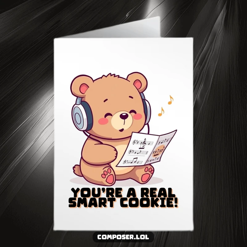 Funny Free Printable Congratulations Card: A studious bear with headphones hums along to sheet music with a happy vibe.