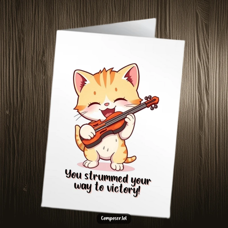 Funny Free Printable Congratulations Card: A playful kitten enthusiastically plays a tiny violin, celebrating an achievement.