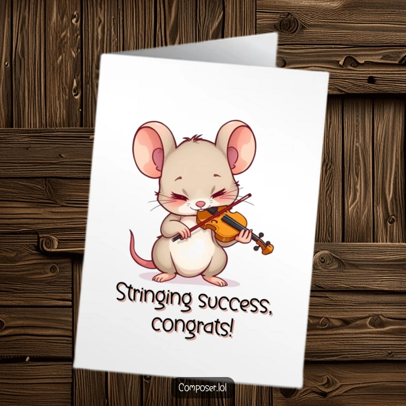 Funny Free Printable Congrats Card: Tiny mouse with intense concentration plays a tiny violin, celebrating a hard-earned success.