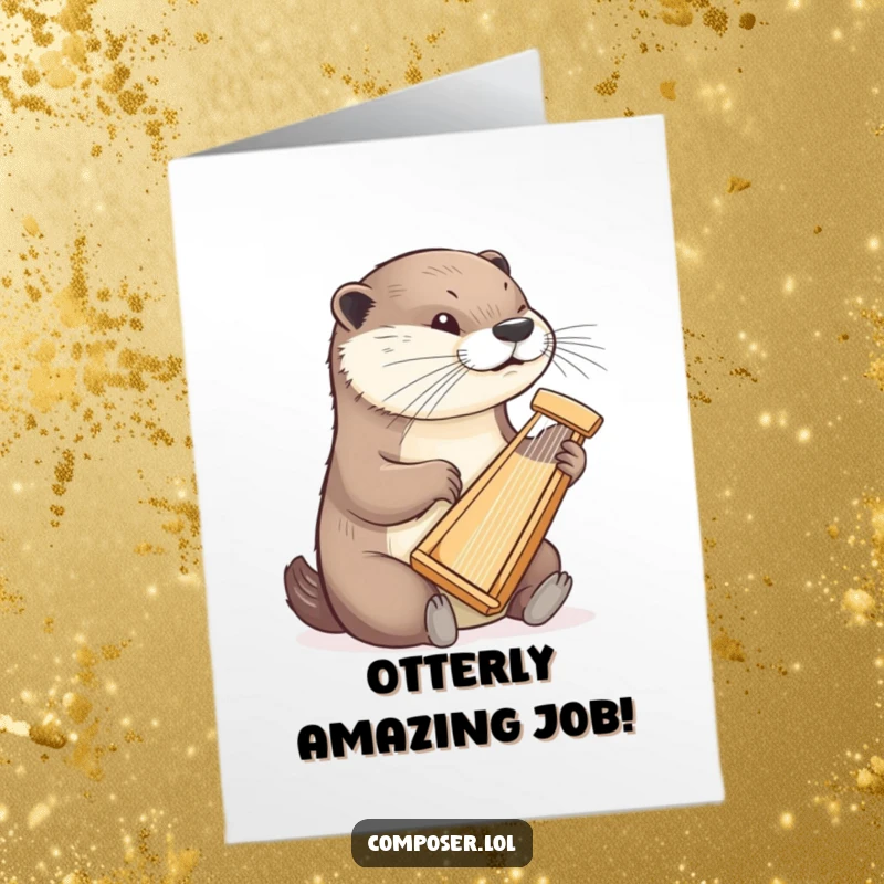 Funny Free Printable Congratulations Card: Determined otter plays a tiny harp with delicate finesse, celebrating achievement.
