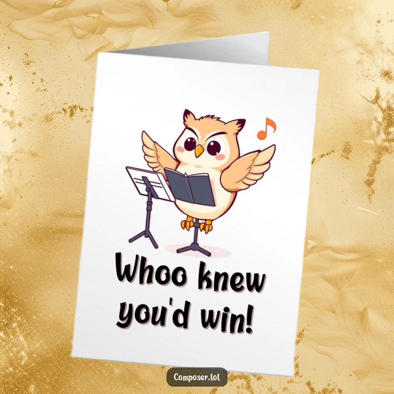 Funny Free Printable owl composer on a music stand, pointing with excitement at a musical note, signifying a big win.