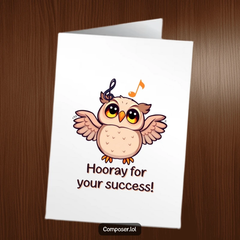 Funny Free Printable Congratulations Card: An owl looking up at a glowing musical staff, symbolizing inspired achievement.