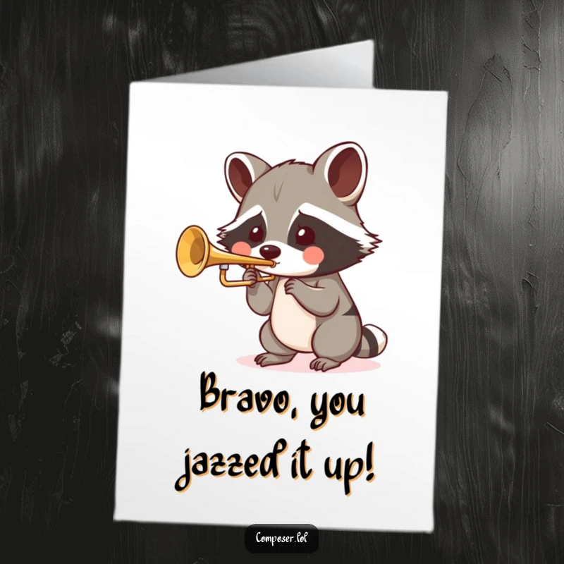 Funny Free Printable Congratulations Card: A raccoon with puffed cheeks toots a tiny trumpet, announcing your amazing achievement.