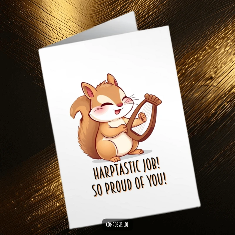 Funny free printable congratulations card showing a winking squirrel composer playing a tiny harp with impressive, rapid paw movements.