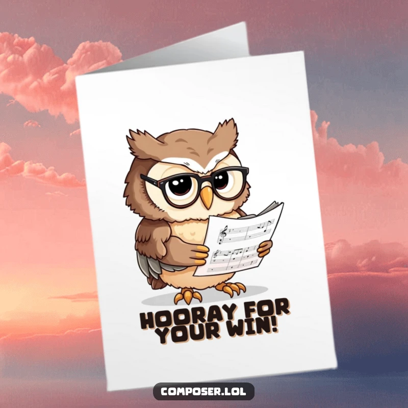 Funny Free Printable Congratulations Card: An owl in spectacles deeply studying sheet music to honor achievement.