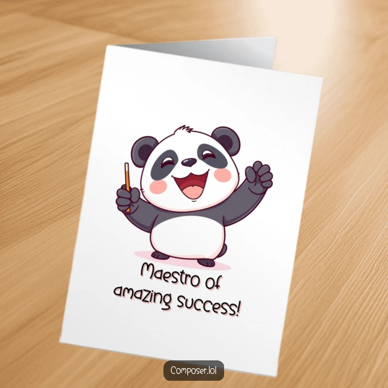 Funny Free Printable Congratulations Card: Panda conductor enthusiastically directing success with a baton and a huge grin.