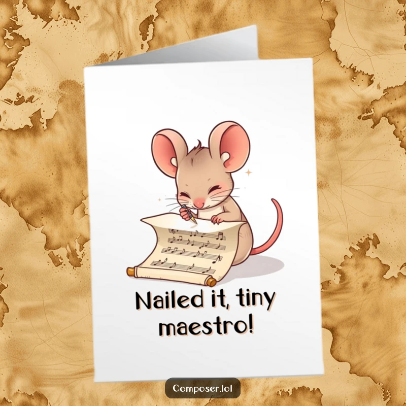 Funny Free Printable Congratulations Card: A determined mouse diligently writes musical notes on a scroll, celebrating a milestone.