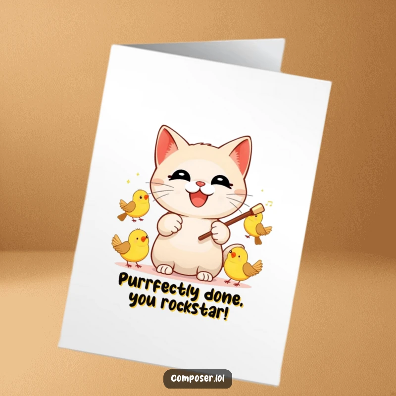 Funny Free Printable Congratulations Card: A cat maestro directs chirping birds, celebrating a momentous occasion with musical flair.