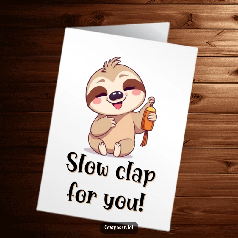 Funny Free Printable Congratulations Card: Goofy sloth gently tapping a chime, signifying a slow but sure victory.