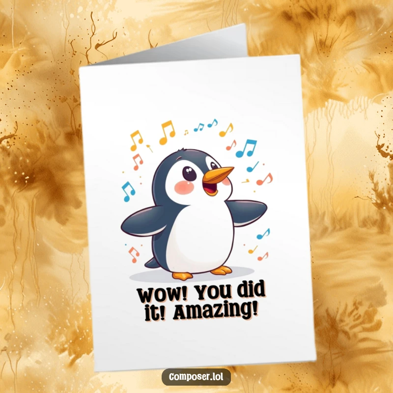 Funny Free Printable Congrats Card: A penguin wide-eyed with surprise as a cacophony of sounds explodes unexpectedly.