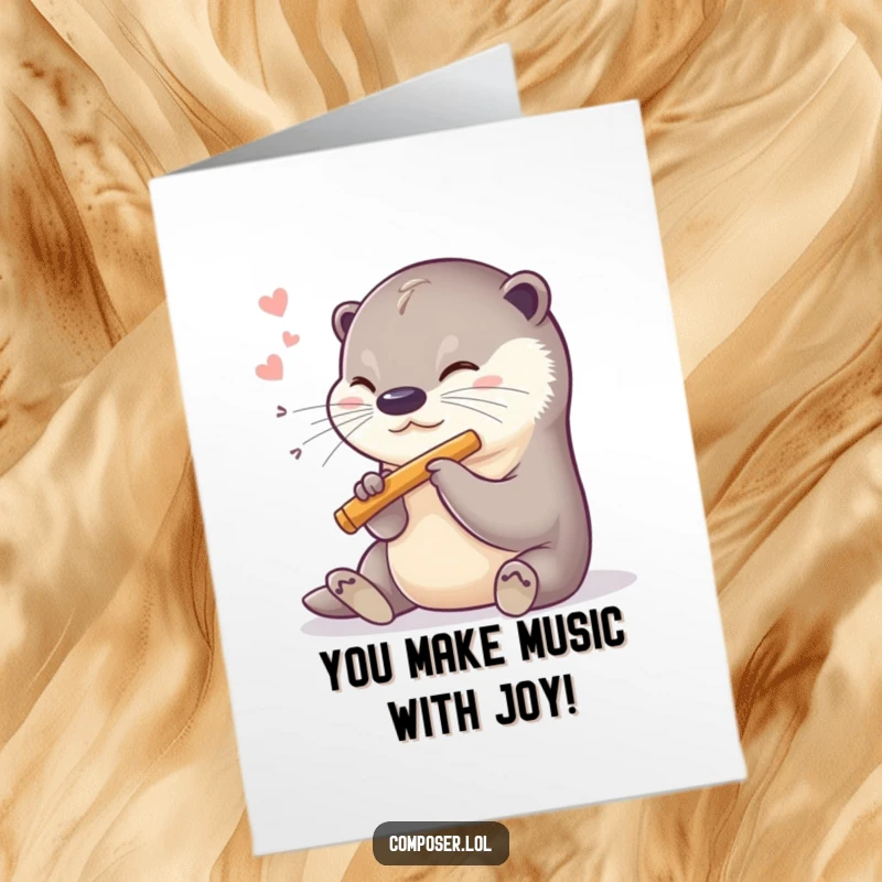 Funny Free Printable Congratulations Card: A sweet otter joyfully blows into a miniature flute with a happy sigh.
