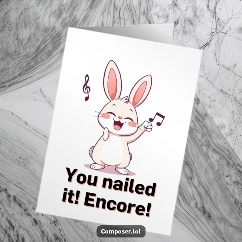 Funny Free Printable Congratulations Card: A giggling cartoon rabbit joyfully taps musical notation, celebrating success.
