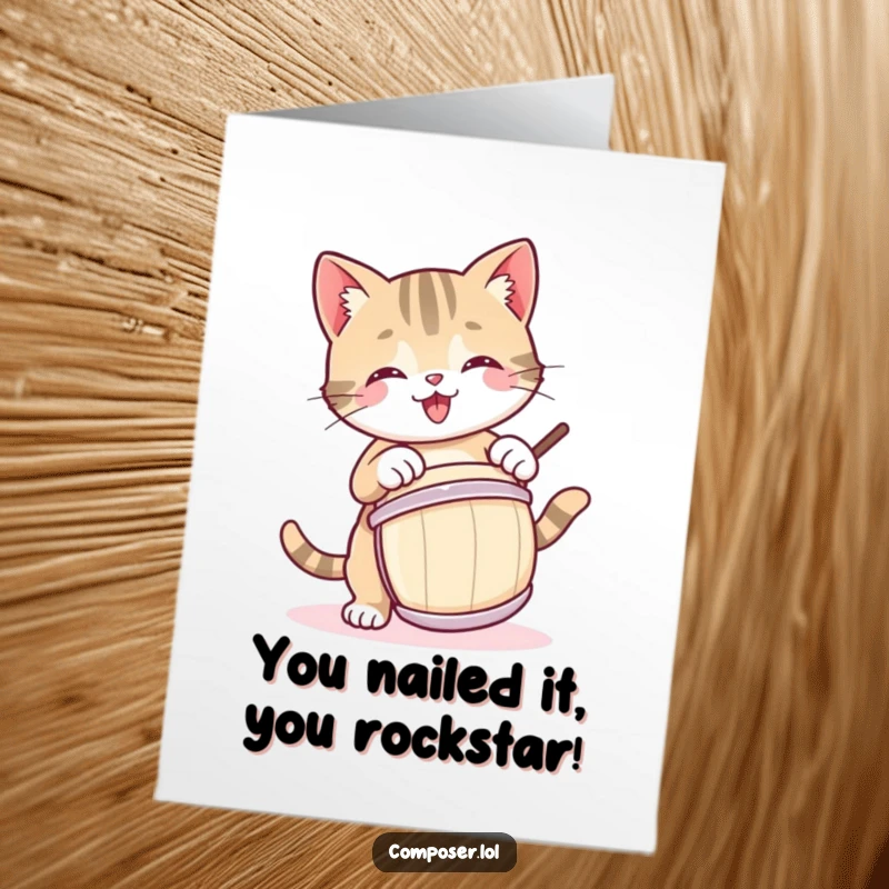 Funny Free Printable Congratulations Card: A very happy kitty is joyfully tapping a drum with a playful bounce.