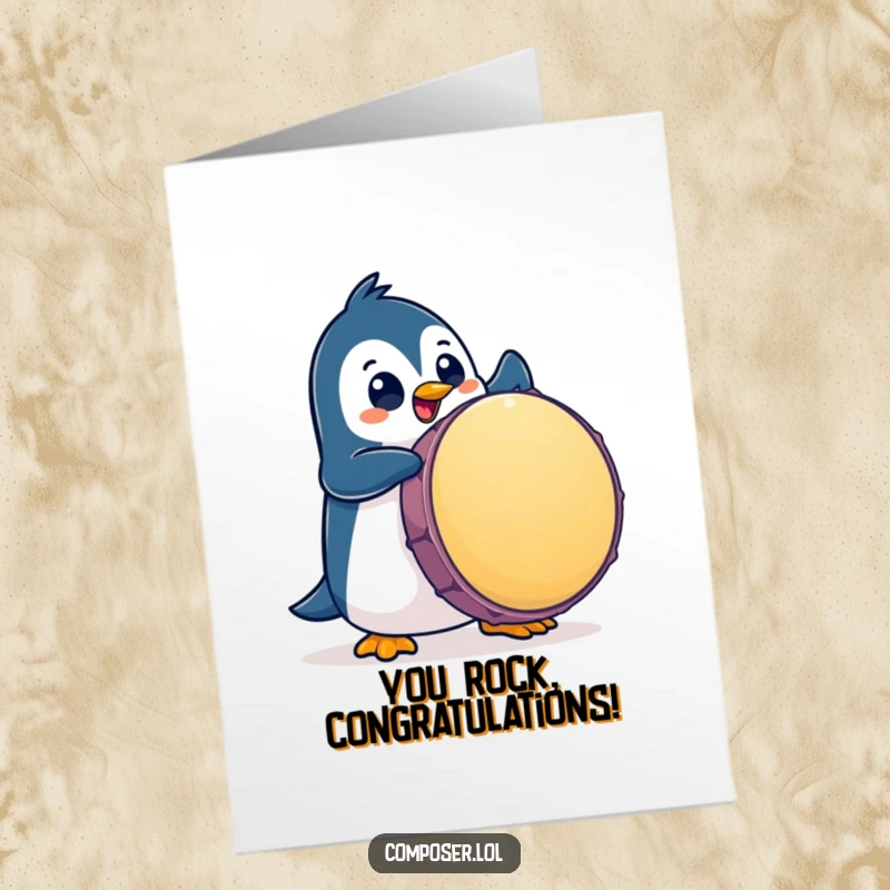 Funny Free Printable Congrats Card: Playful penguin with big eyes enthusiastically pounds a giant drum, celebrating a big achievement.