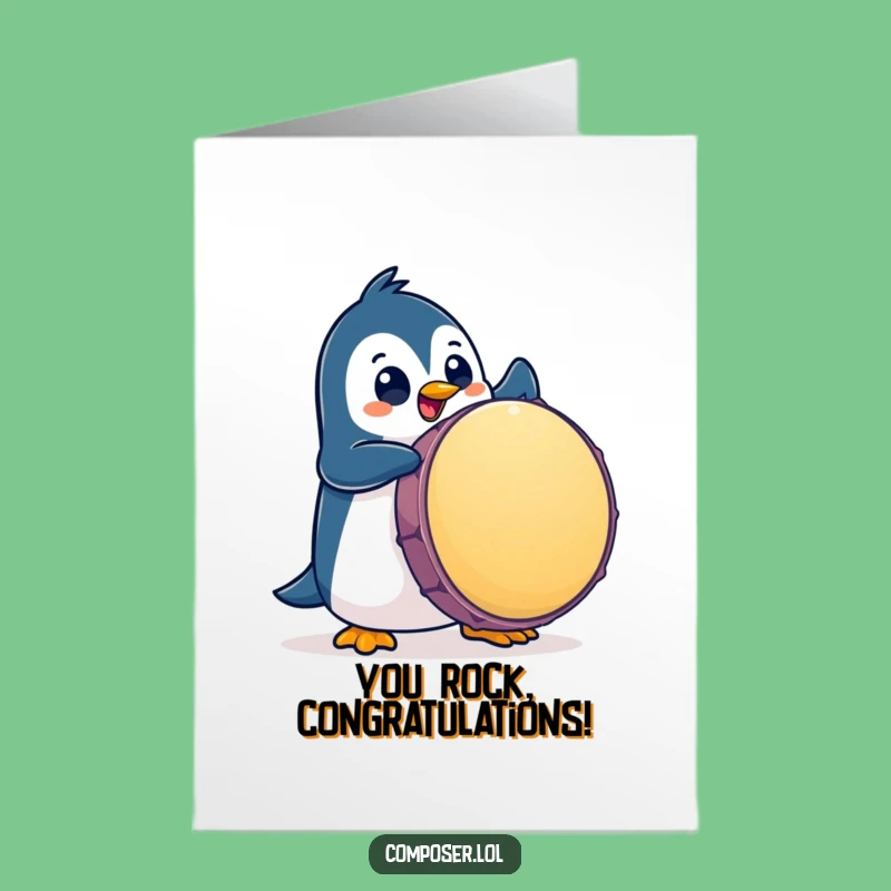 Free Printable Penguin Drummer Congrats Card - Rhythmic Funny Downloadable Gift for Success