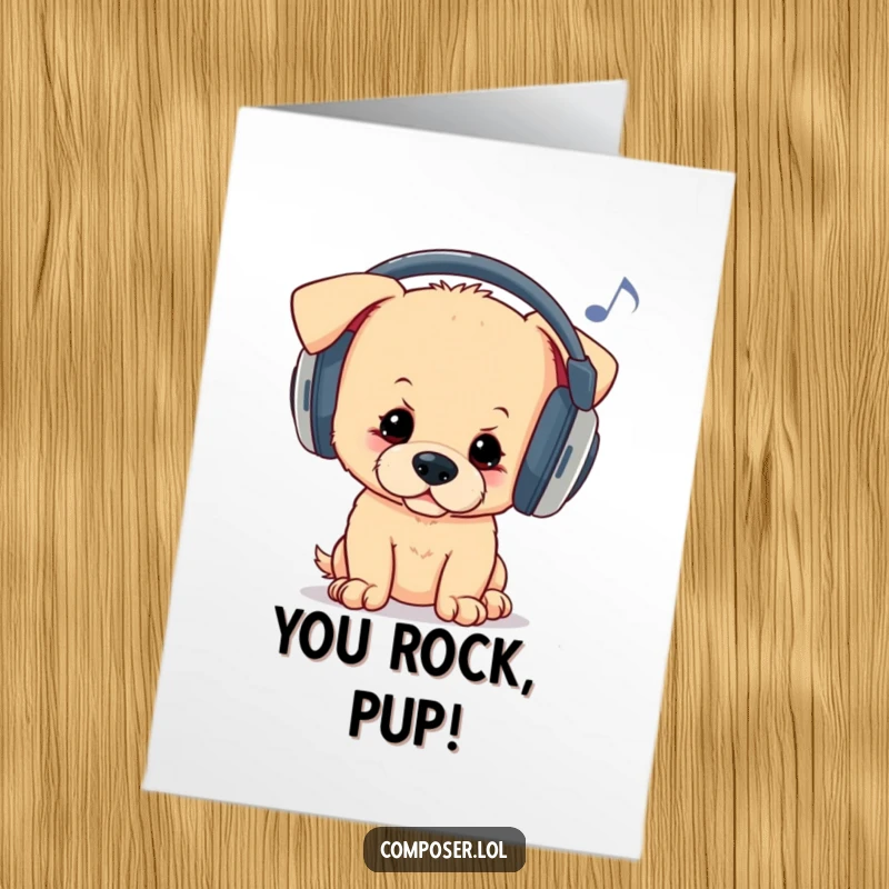 Funny Free Printable Congratulations Card: A curious puppy wearing oversized headphones bops its head to music, celebrating success.