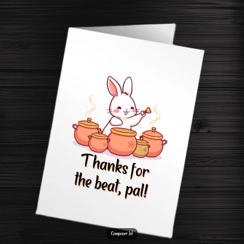 Funny Free Printable Thank You Card: A playful rabbit drummer tapping a thankful rhythm on pots, showing appreciation with a smile.