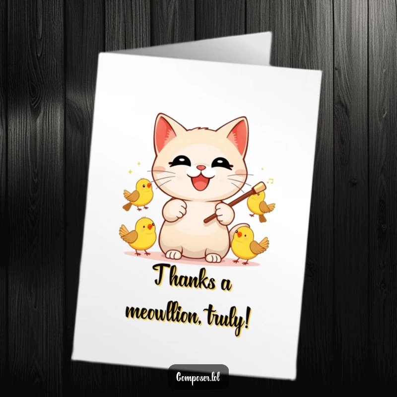 Funny Free Printable Thank You Card: A cat conductor leading a bird symphony, expressing heartfelt gratitude with a cheerful wave.
